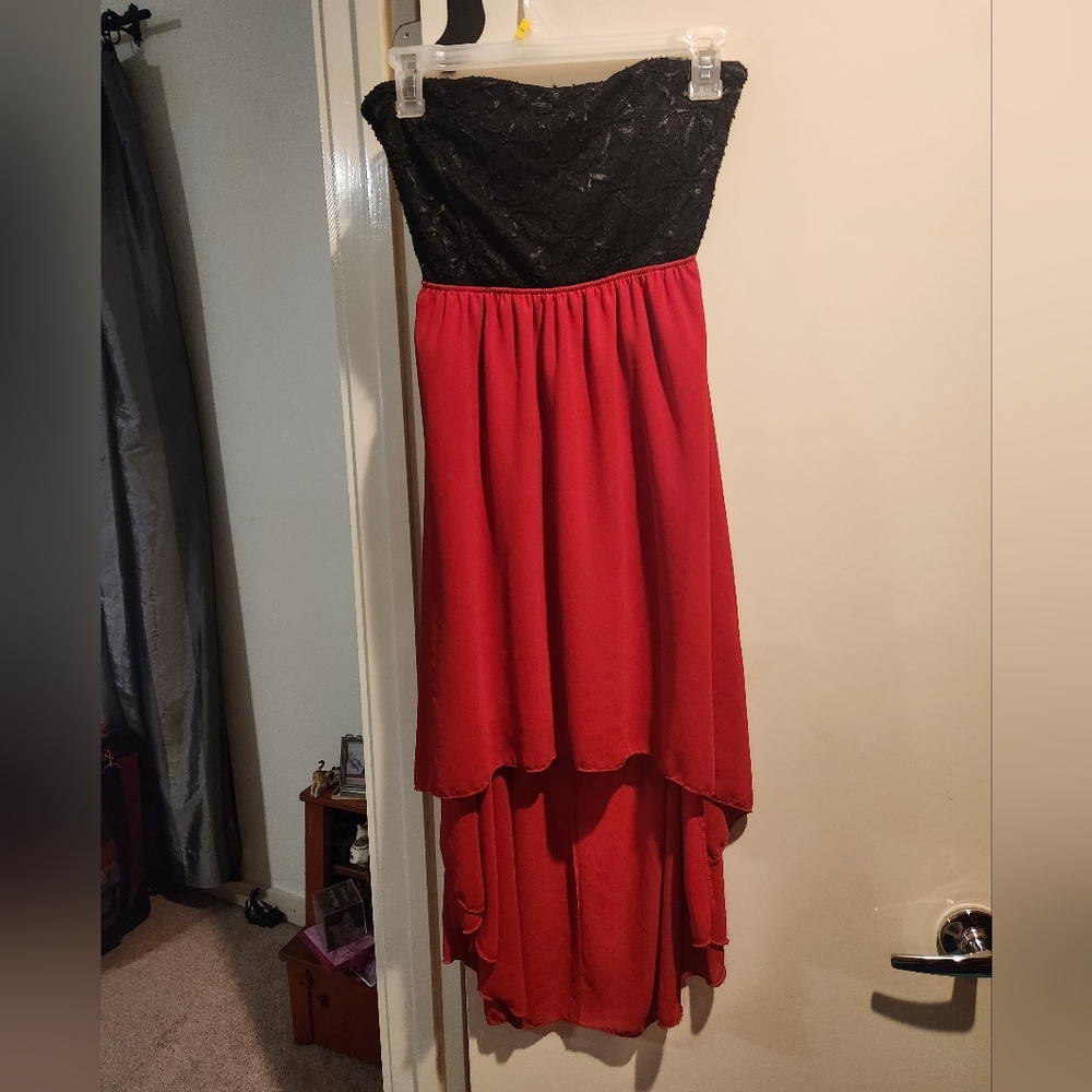Lace Top High Low Red and Black Dress